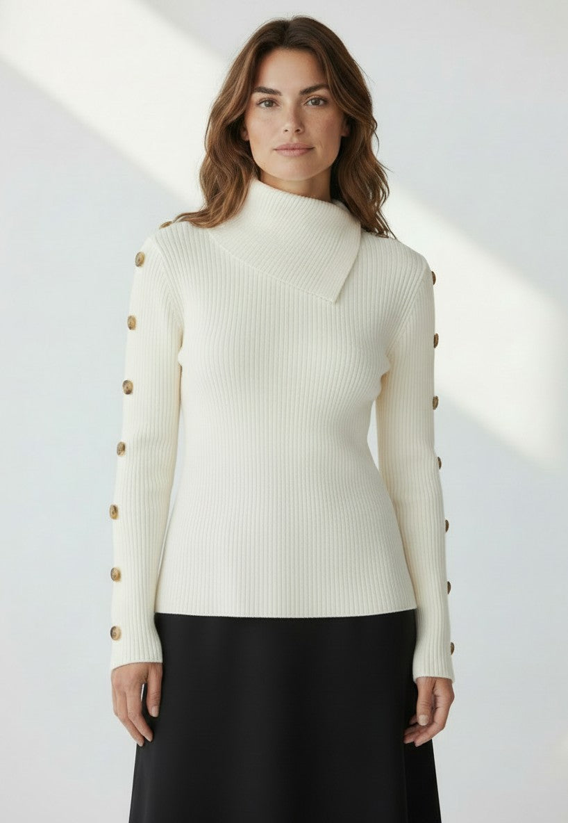 ELS-MK03S66 BEIGE BUTTON HIGH NECK TOP
