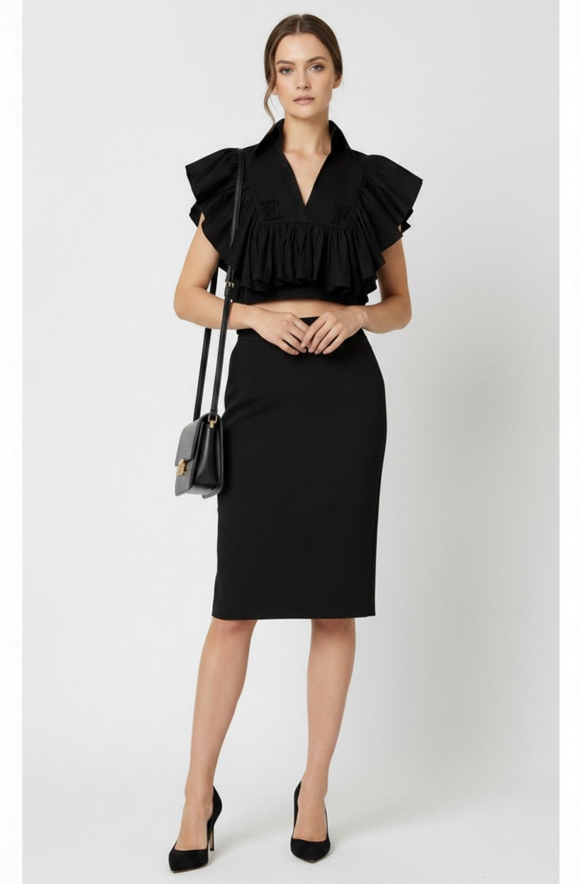 ELS-CA18666 BLACK FRILL LOGO BLOUSE