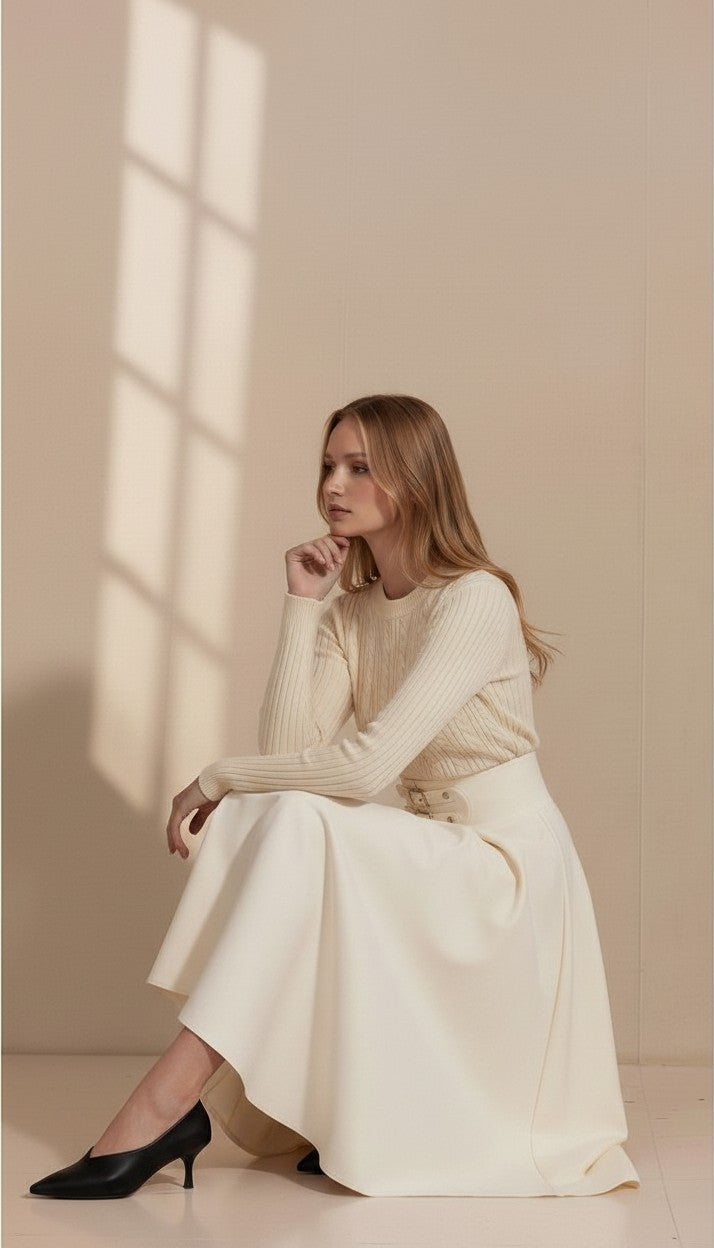 ROP-RPS2511 IVORY LEATHER PATCH BUCKLE SKIRT