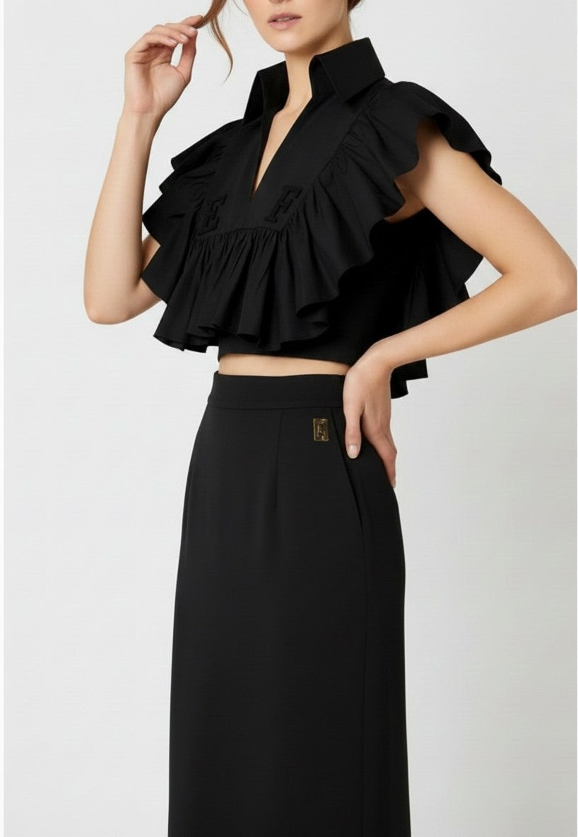 ELS-CA18666 BLACK FRILL LOGO BLOUSE