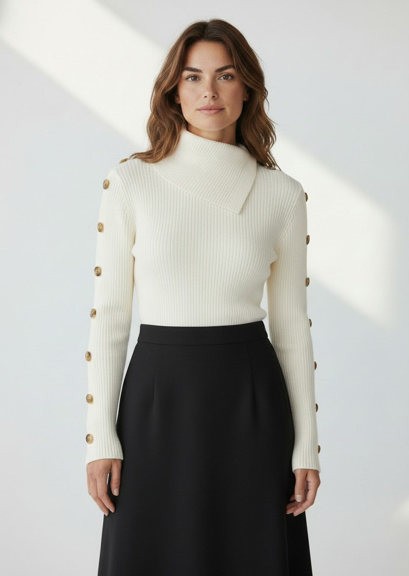 ELS-MK03S66 BEIGE BUTTON HIGH NECK TOP
