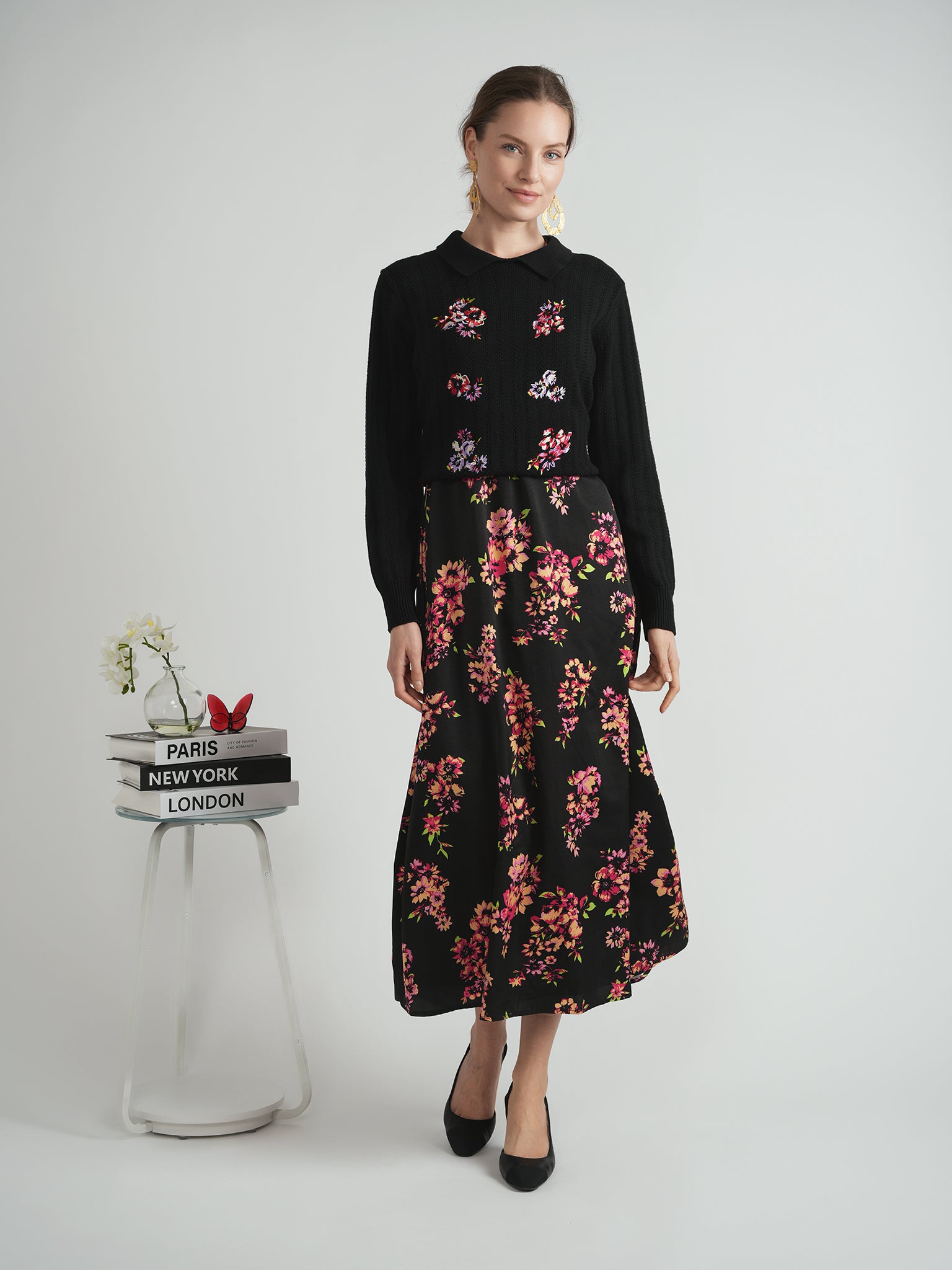DEJ-WB5CM1614&WB5CM1613 BLACK&PINK TULIPS CARDI SET