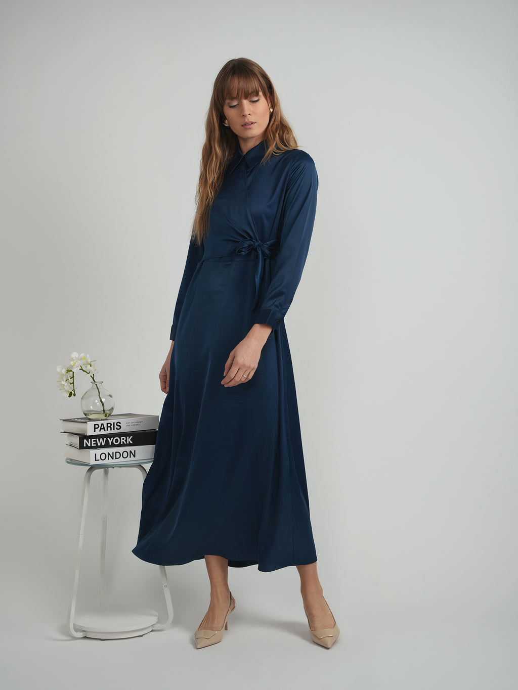 DEJ-WB5CM1736DL MIDNIGHT BLUE SATIN WRAP DRESS
