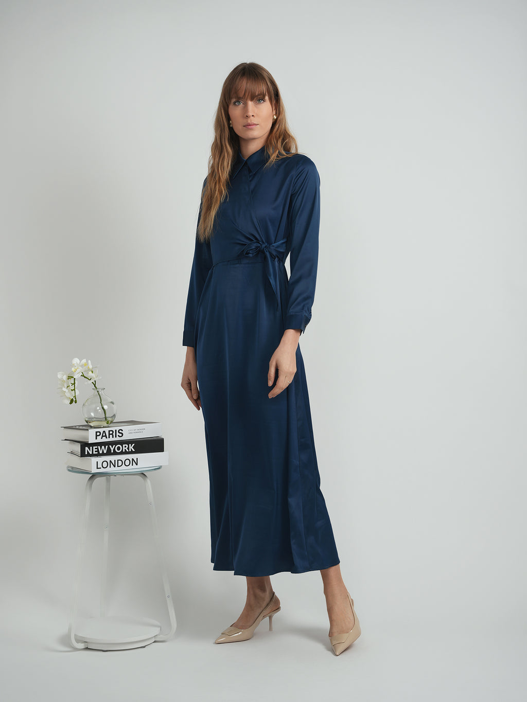 DEJ-WB5CM1736DL MIDNIGHT BLUE SATIN WRAP DRESS