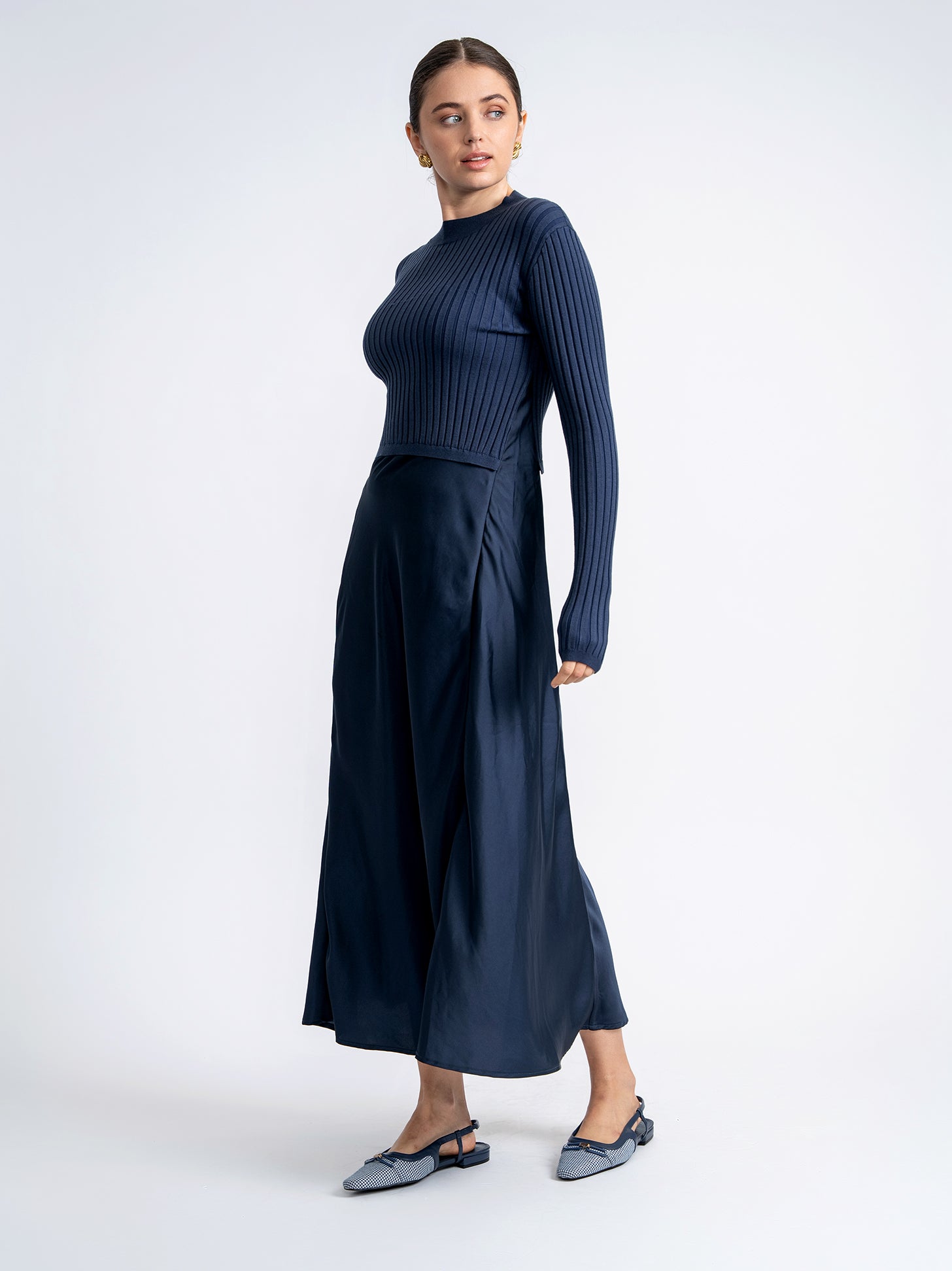 GIN-WB5CPT7212 NAVY RIBBED TOP DRESS