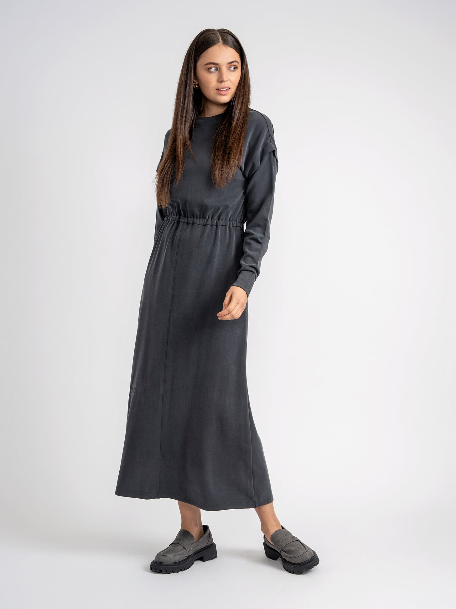 GIN-WB5CPT7265D CHARCOAL VELOUR GATHERED DRESS