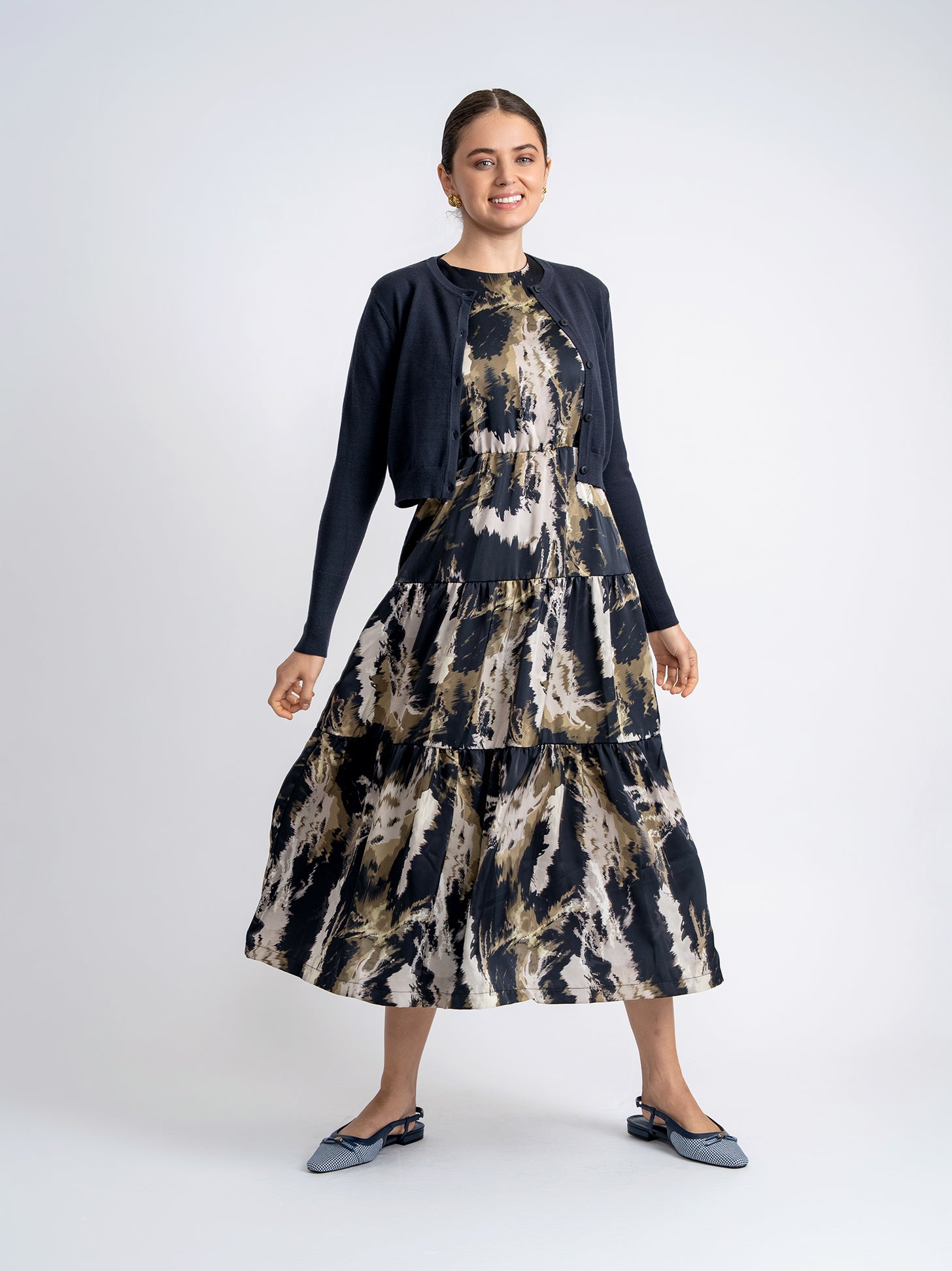 GIN-WB5CPT7290 NAVY PRINT CARDI DRESS SET