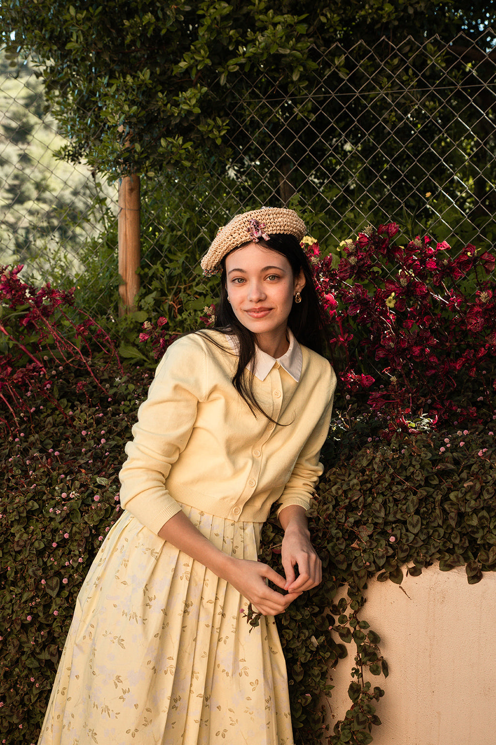 TEA-WT-362 YELLOW KNIT SIDE FLOWER CARDIGAN