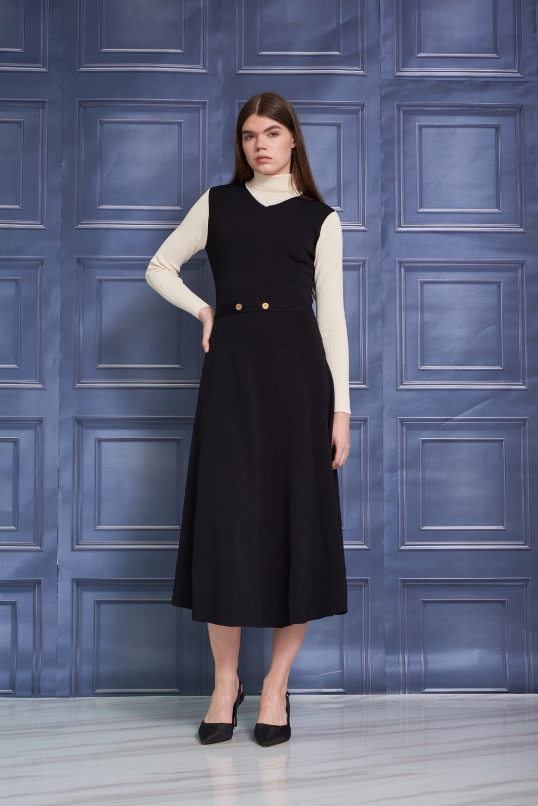 ROP-RPW2512 BLACK&BEIGE CONTRAST DRESS