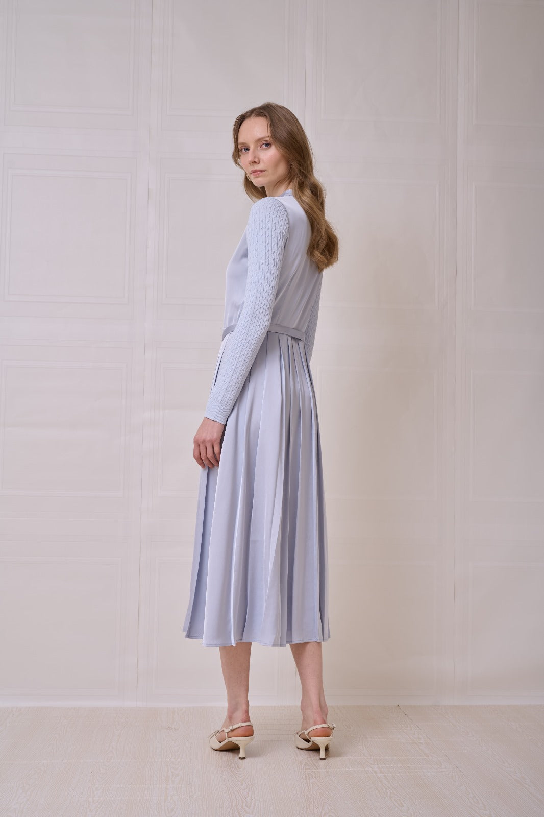ROP-RPS2504 BLUE KNIT SLEEVE PLEATED DRESS