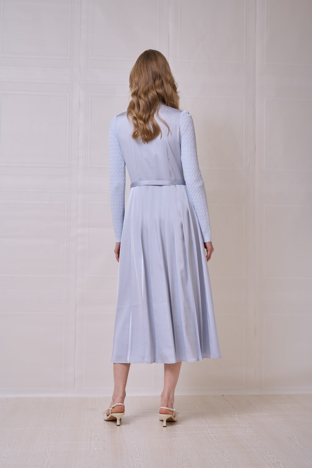 ROP-RPS2504 BLUE KNIT SLEEVE PLEATED DRESS