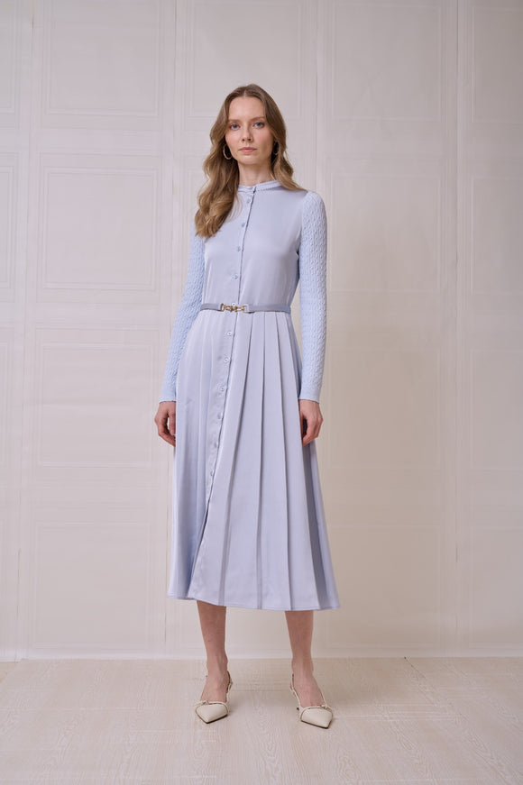 ROP-RPS2504 BLUE KNIT SLEEVE PLEATED DRESS