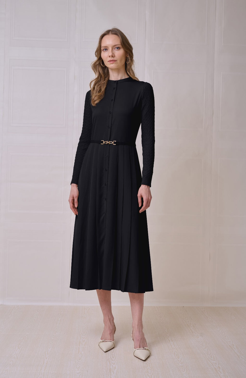 ROP-RPS2504 BLACK KNIT SLEEVE PLEATED DRESS