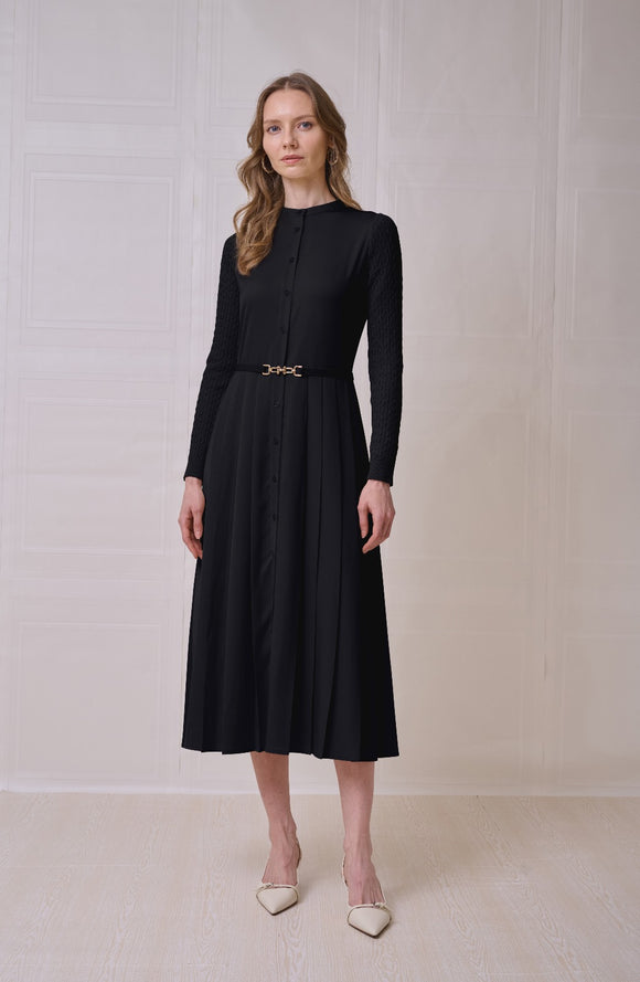 ROP-RPS2504 BLACK KNIT SLEEVE PLEATED DRESS