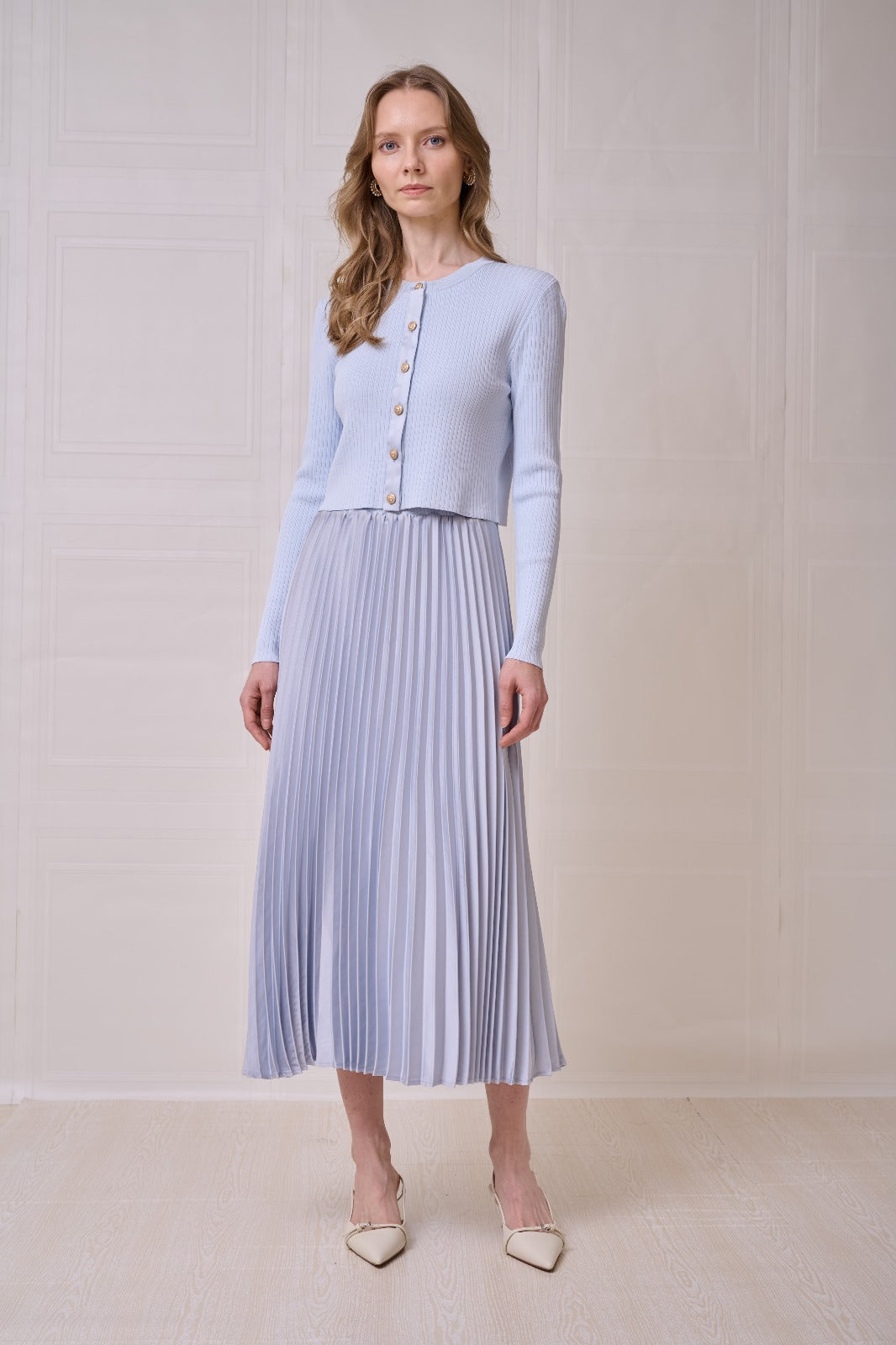 ROP-RPS2517 BLUE RIBBED SATIN PLACKET CARDIGAN