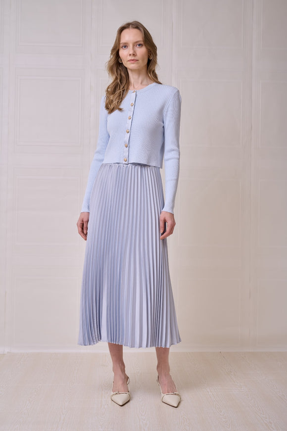 ROP-RPS2517 BLUE RIBBED SATIN PLACKET CARDIGAN