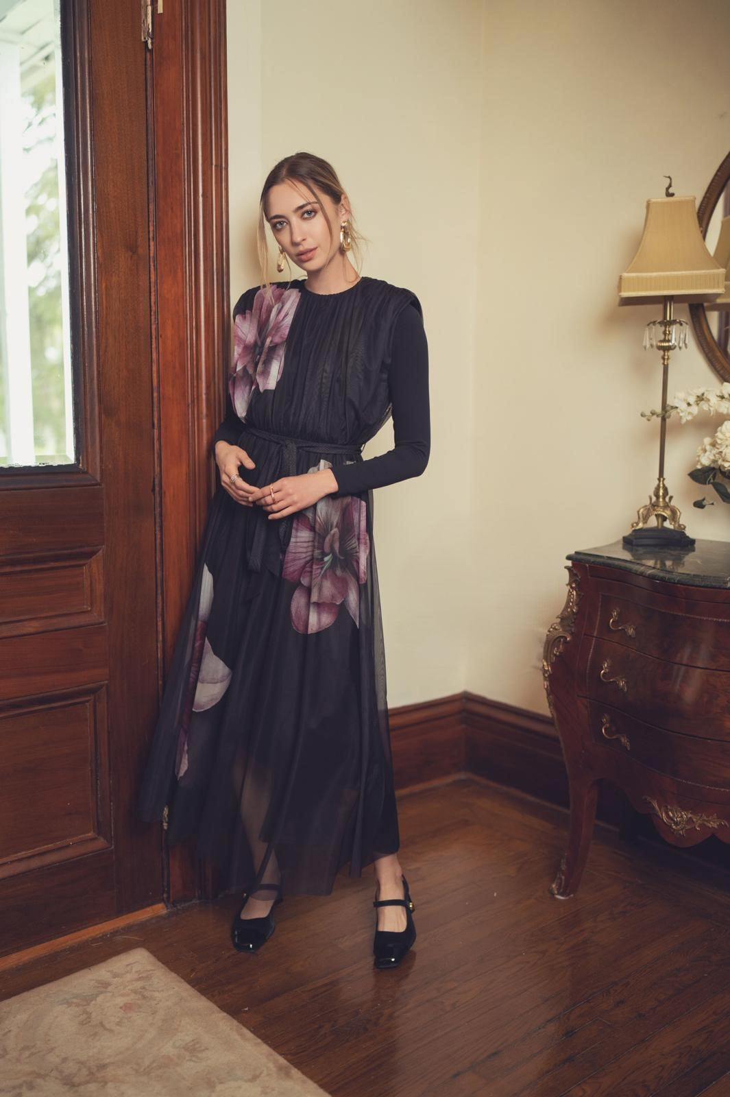MIK-6258 BLACK&PINK FLORAL PLEATED BELT DRESS