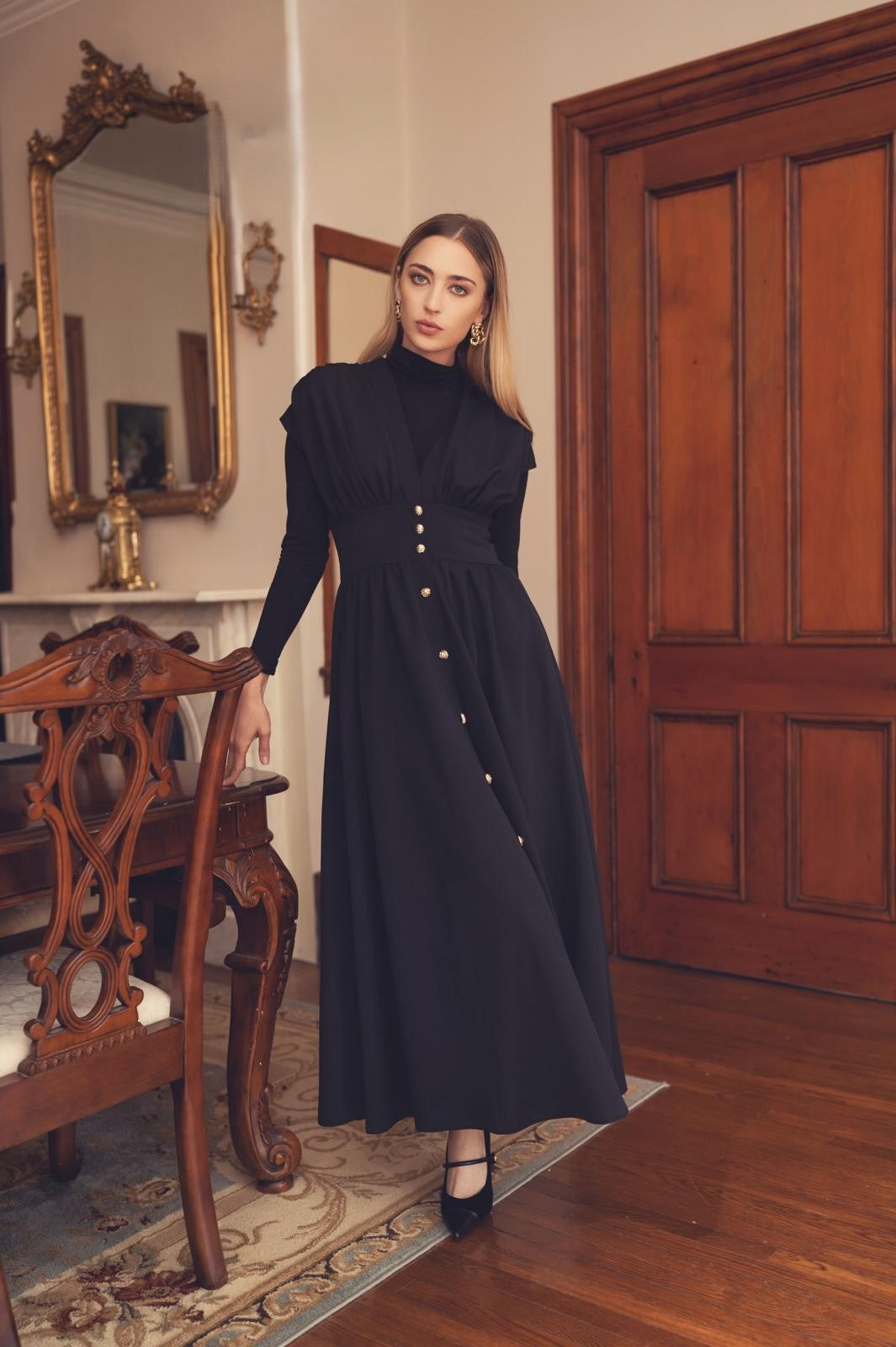MIK-1521 BLACK WAISTED SLEEVELESS DRESS