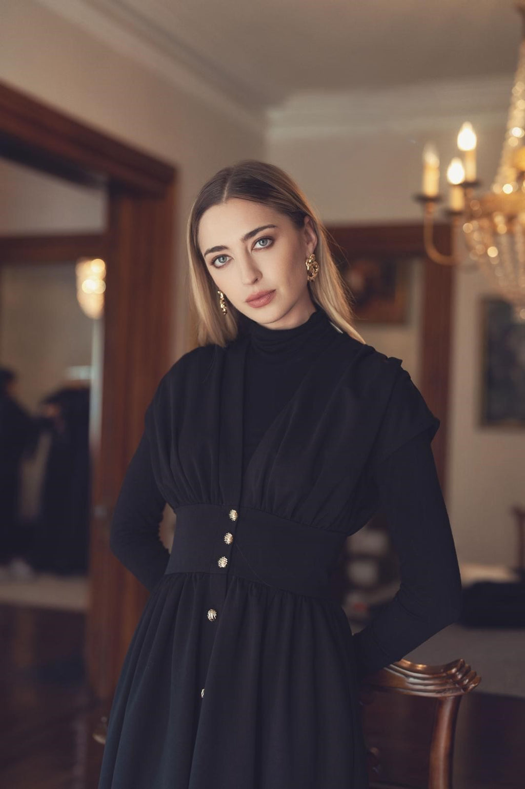 MIK-1521 BLACK WAISTED SLEEVELESS DRESS