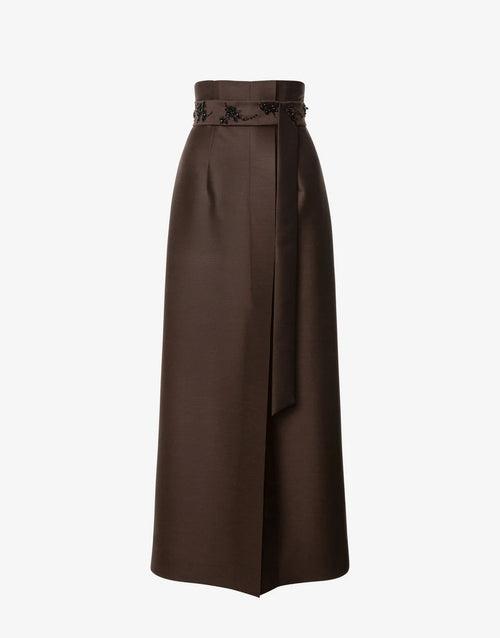 ABF-A0105 BROWN EMBROIDERED WOOL SILK SKIRT
