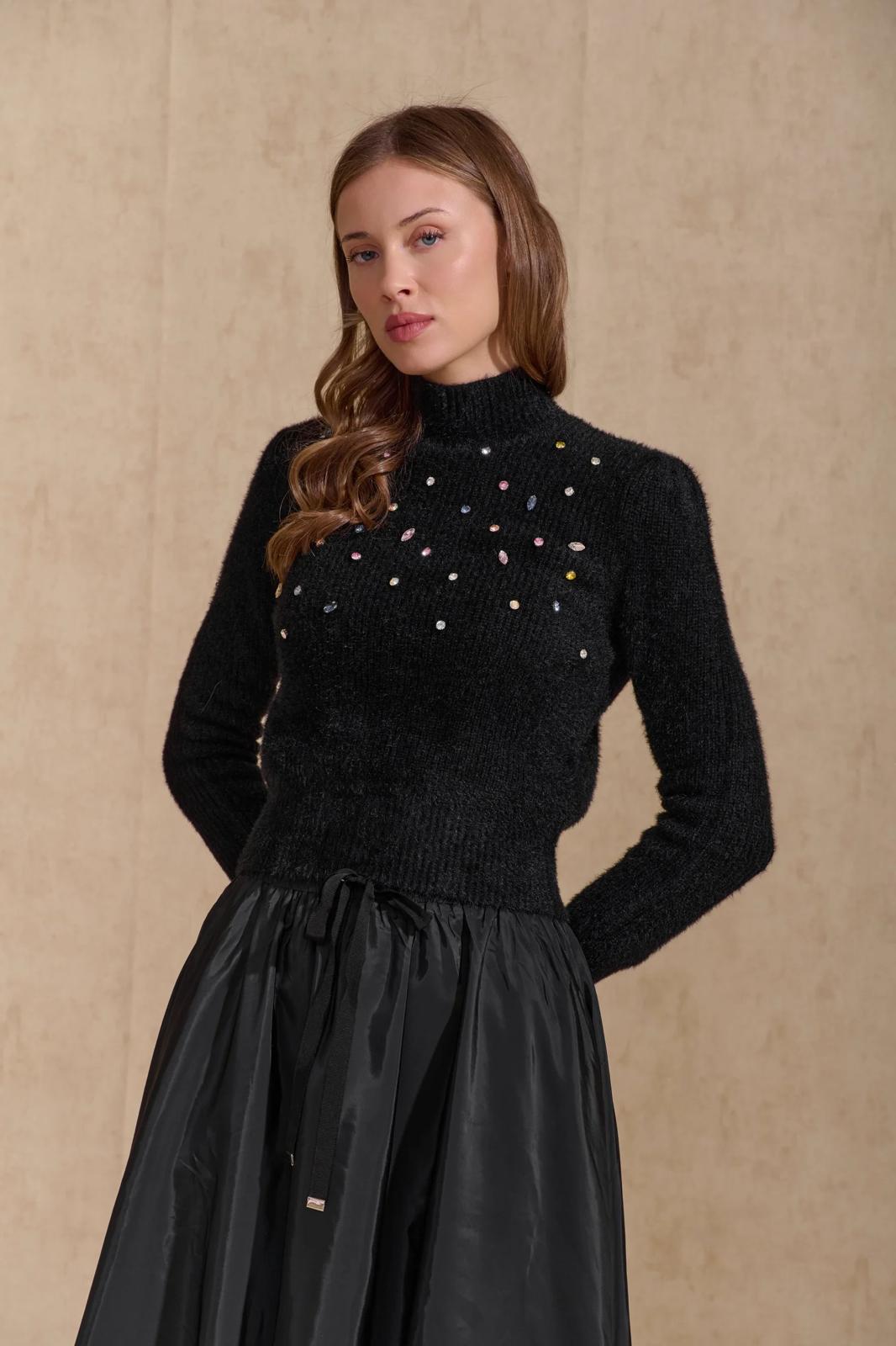 ROP-RPW2544 BLACK EMBELLISHED KNIT TOP