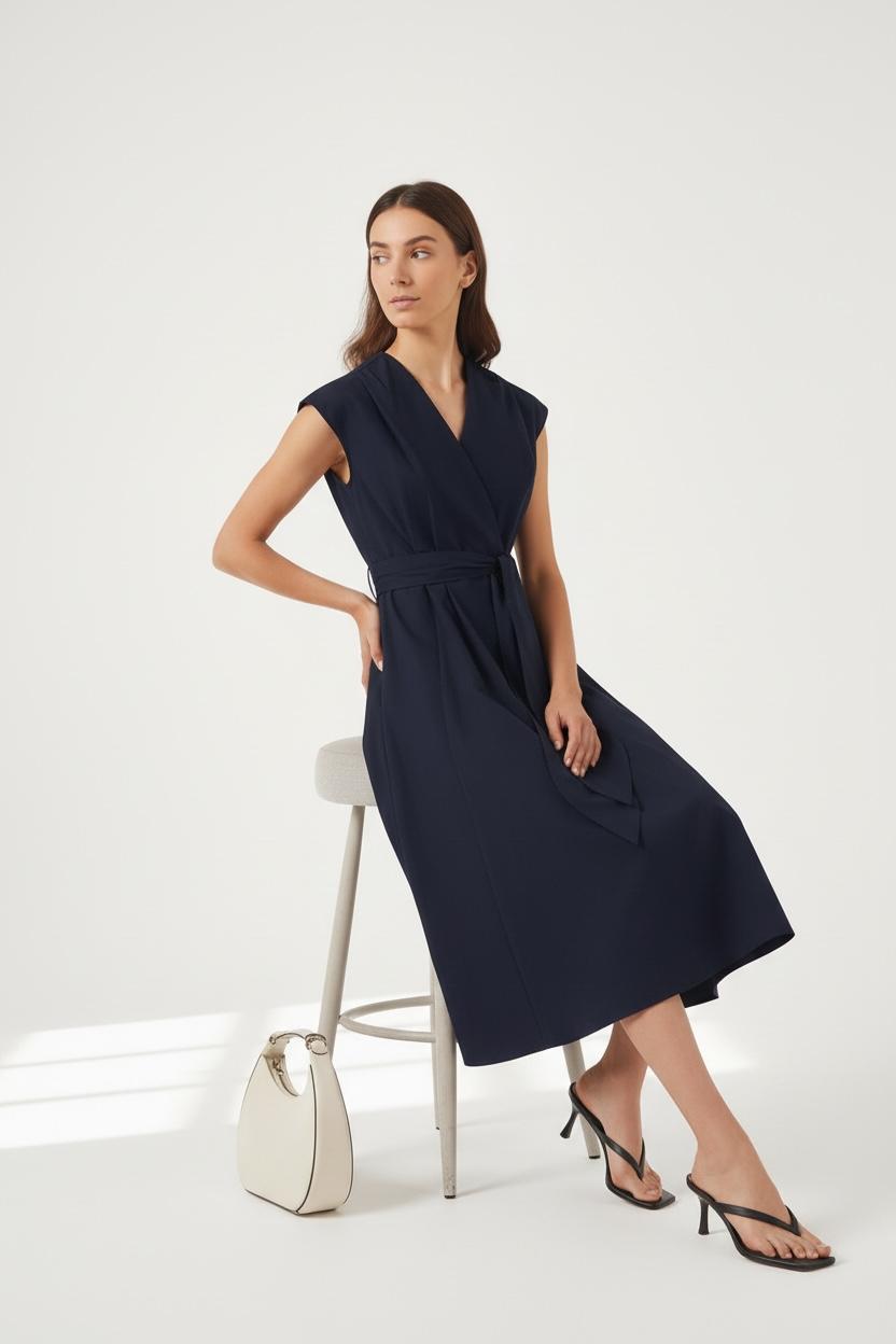 BRZ-88471 NAVY SLEEVELESS WRAP DRESS
