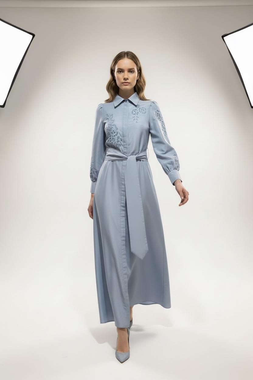 BRZ-88572 BLUE EMBROIDERED BELTED DRESS