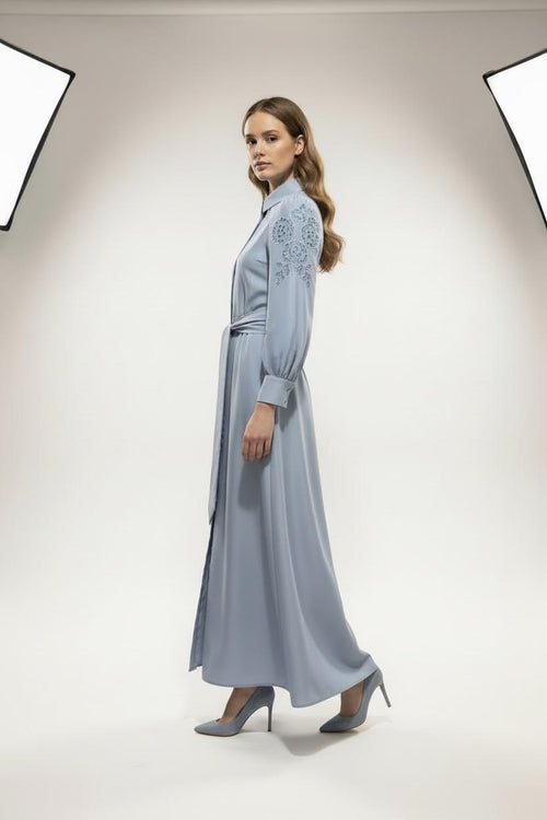 BRZ-88572 BLUE EMBROIDERED BELTED DRESS