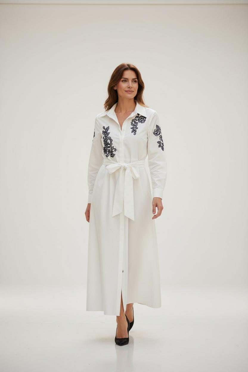 BRZ-88571 CREAM EMBROIDERED BELTED DRESS