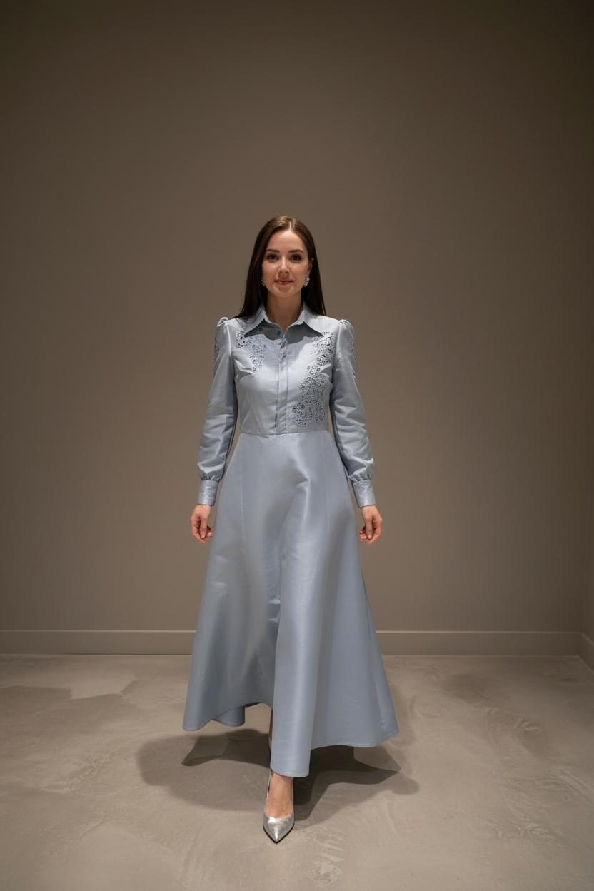 BRZ-88572 BLUE EMBROIDERED BELTED DRESS