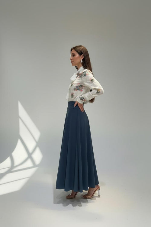 SHA-26519 NAVY BELTED FLARED SKIRT