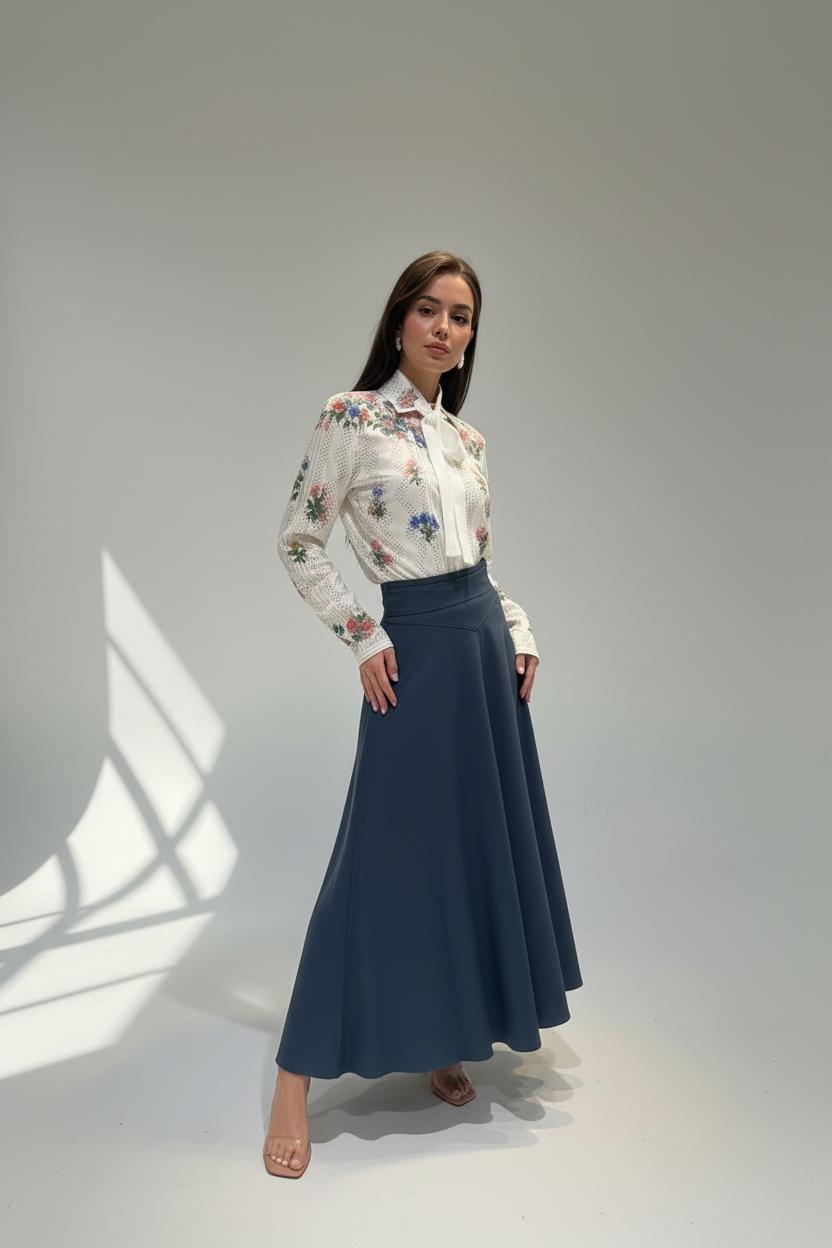 SHA-26519 NAVY BELTED FLARED SKIRT