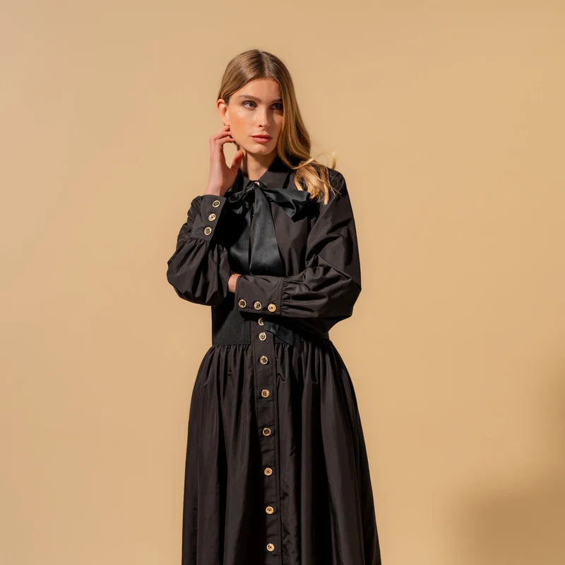 EDP-090407 BLACK TAFFETA SHIRT DRESS