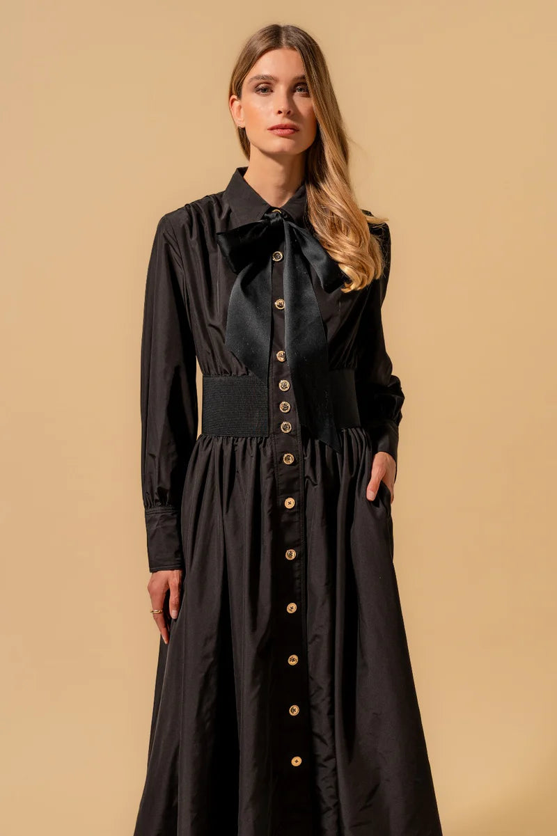 EDP-090407 BLACK TAFFETA SHIRT DRESS