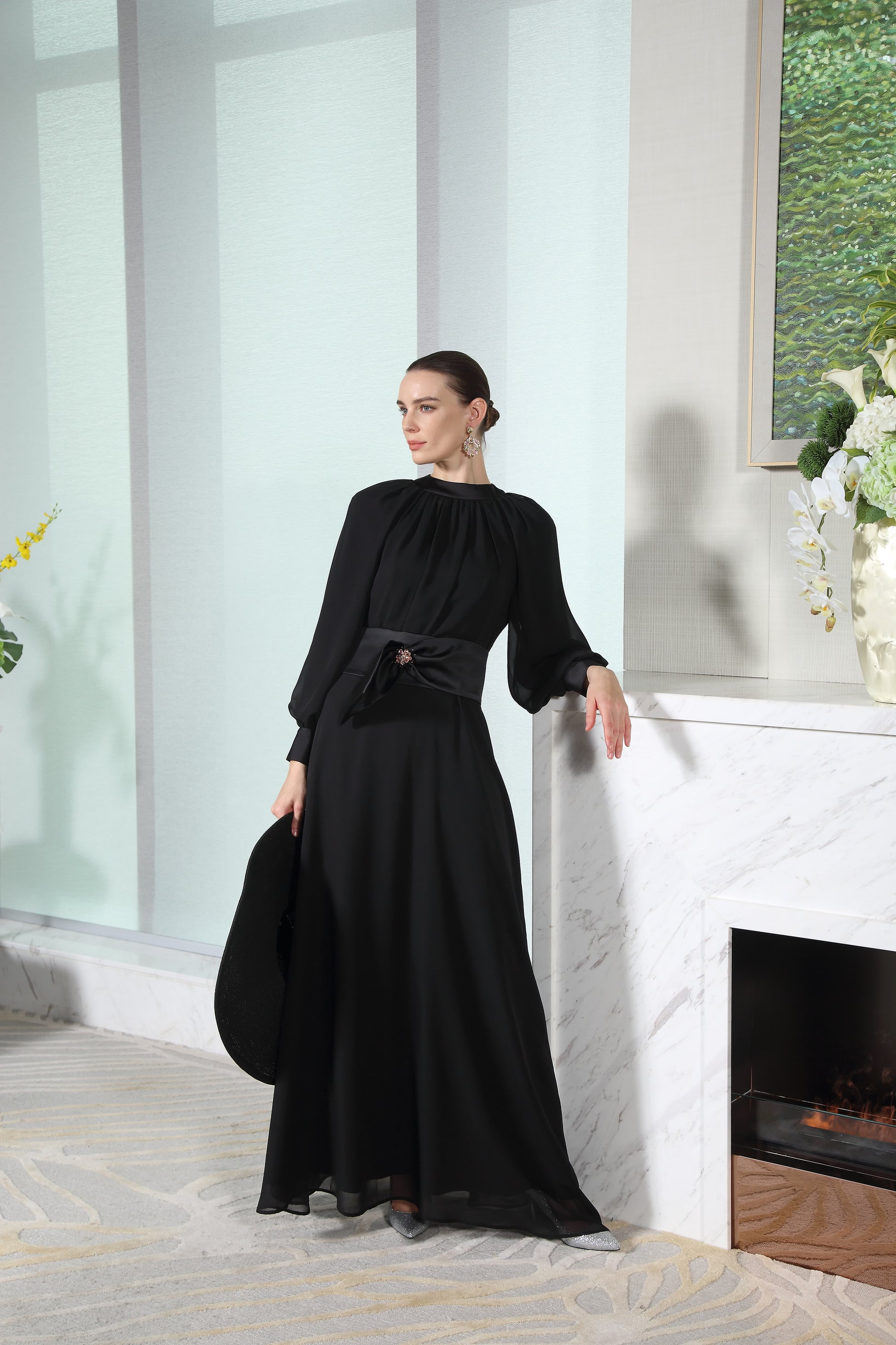 BNI-Y-24401 BLACK BEADED BELT DRESS