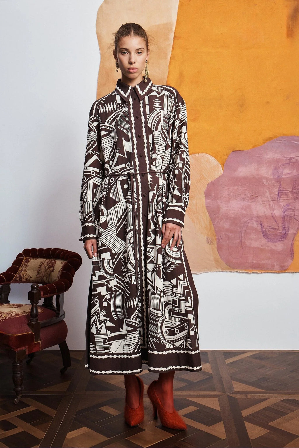 ALM-7606D LORI IVORY&BROWN SHIRT DRESS