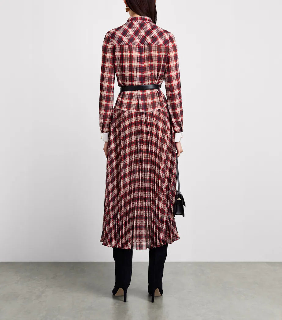 SPO-AW26-905M BURGUNDY CHECK CHIFFON DRESS
