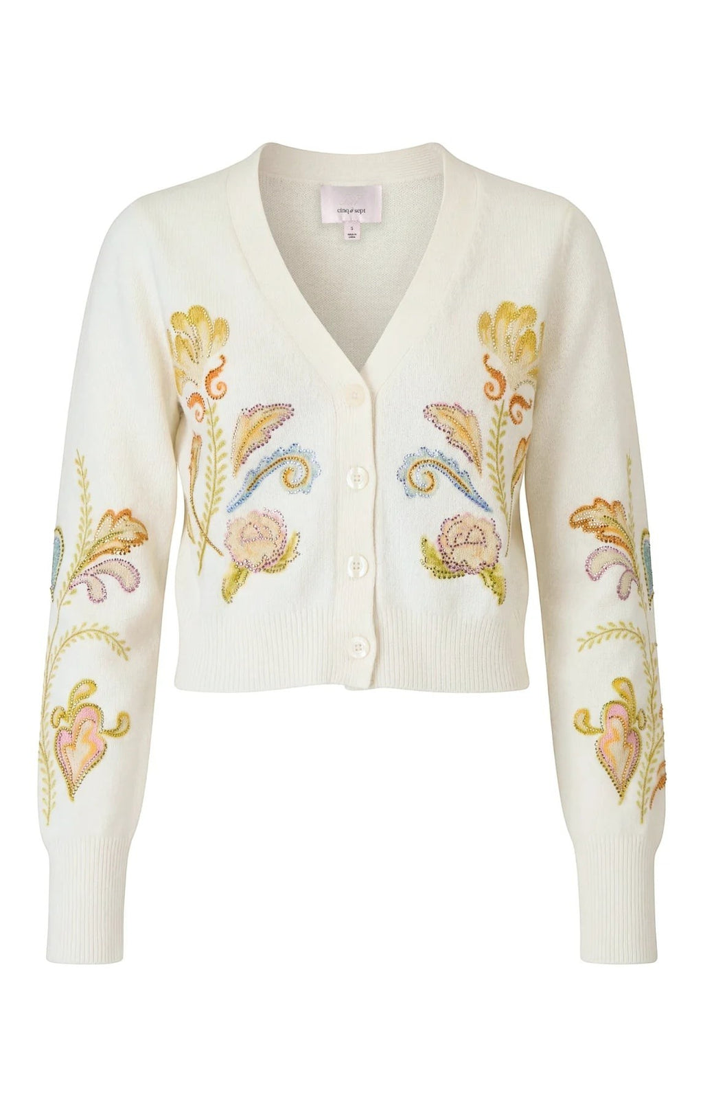 Coats and co. cream knit cardigan featuring a V-neck, button front, and intricate multi-colored floral embroidery.