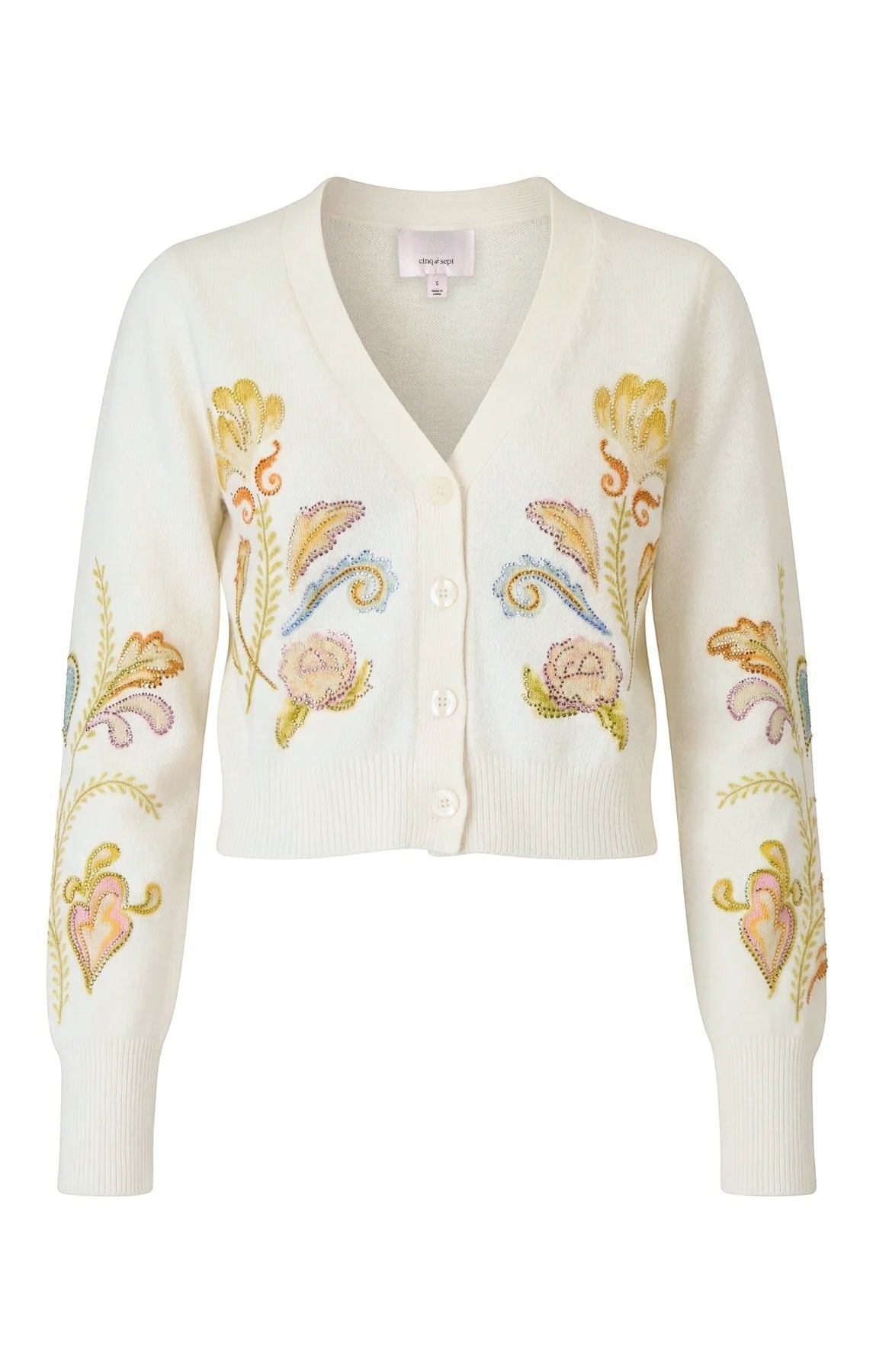 Coats and co. cream knit cardigan featuring a V-neck, button front, and intricate multi-colored floral embroidery.