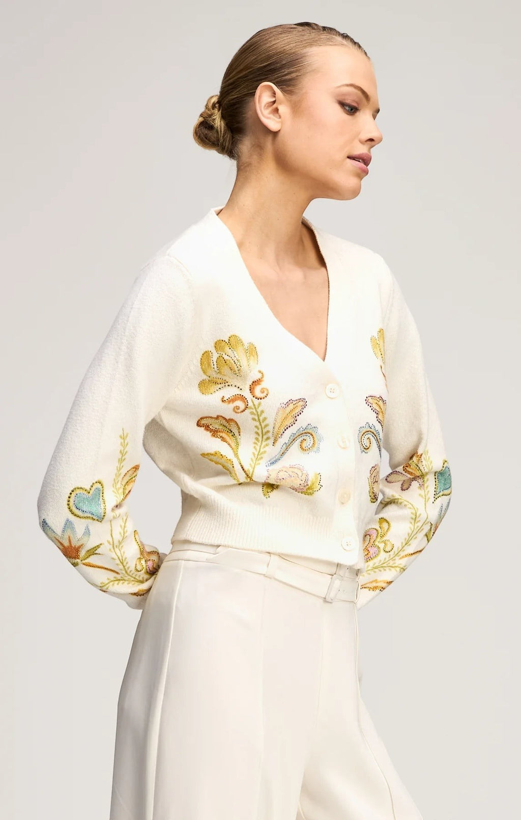 Coats and co. cream V-neck cardigan featuring intricate floral and heart embroidery on the front and sleeves.