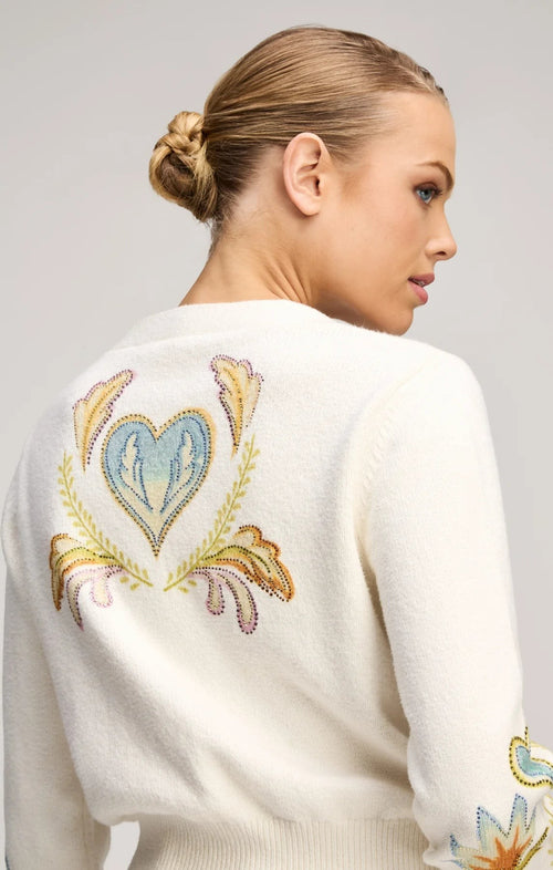 Coats and co. cream knit cardigan featuring intricate multi-colored heart and floral embroidery on the back