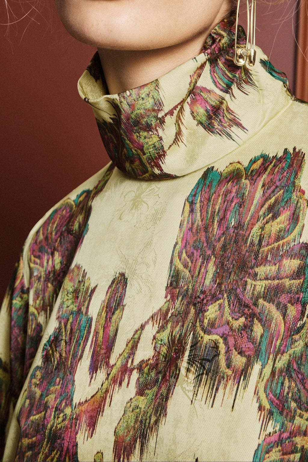 Coats and co. yellow gold mock neck dress with purple and green abstract floral print