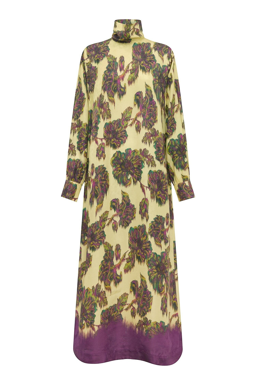 Coats and co. yellow and purple floral print midi dress with a high neck and long sleeves