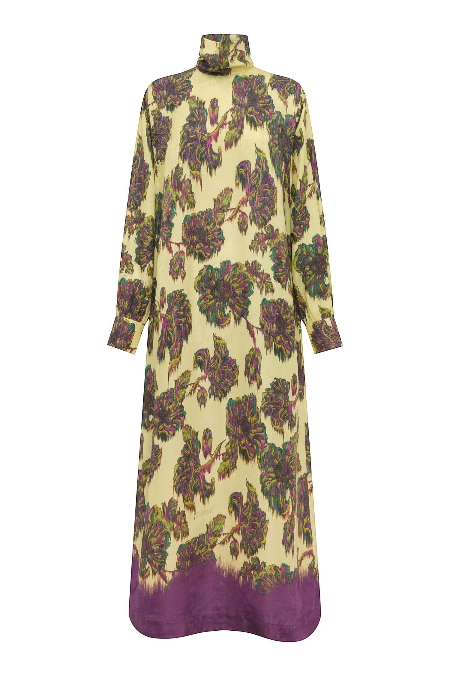 Coats and co. yellow and purple floral print midi dress with a high neck and long sleeves