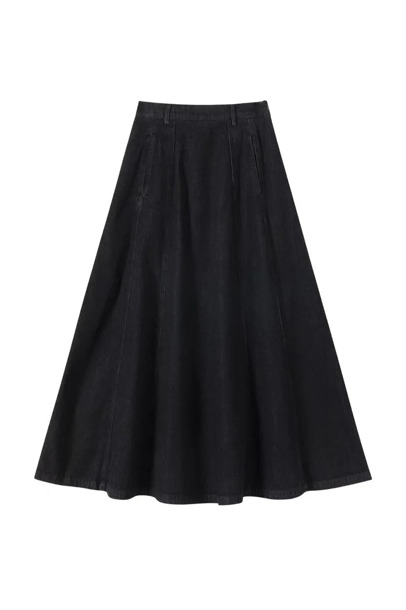 INO-M2-1745 BLACK DENIM WAISTED PANEL SKIRT