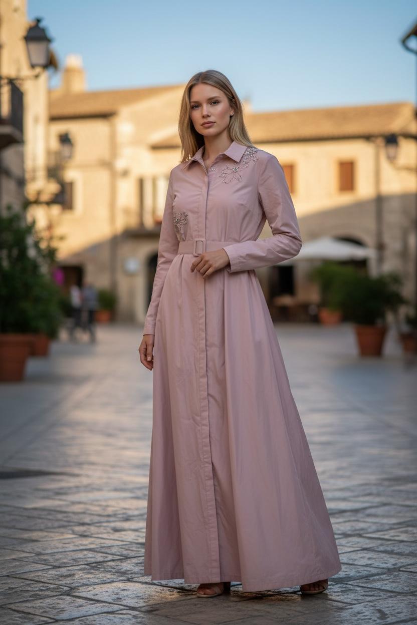 BRZ-88504 PINK EMBROIDERED BELTED SHIRT DRESS
