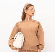 TWS-252TP3405 CAMEL LACE KNIT ZIP CARDIGAN
