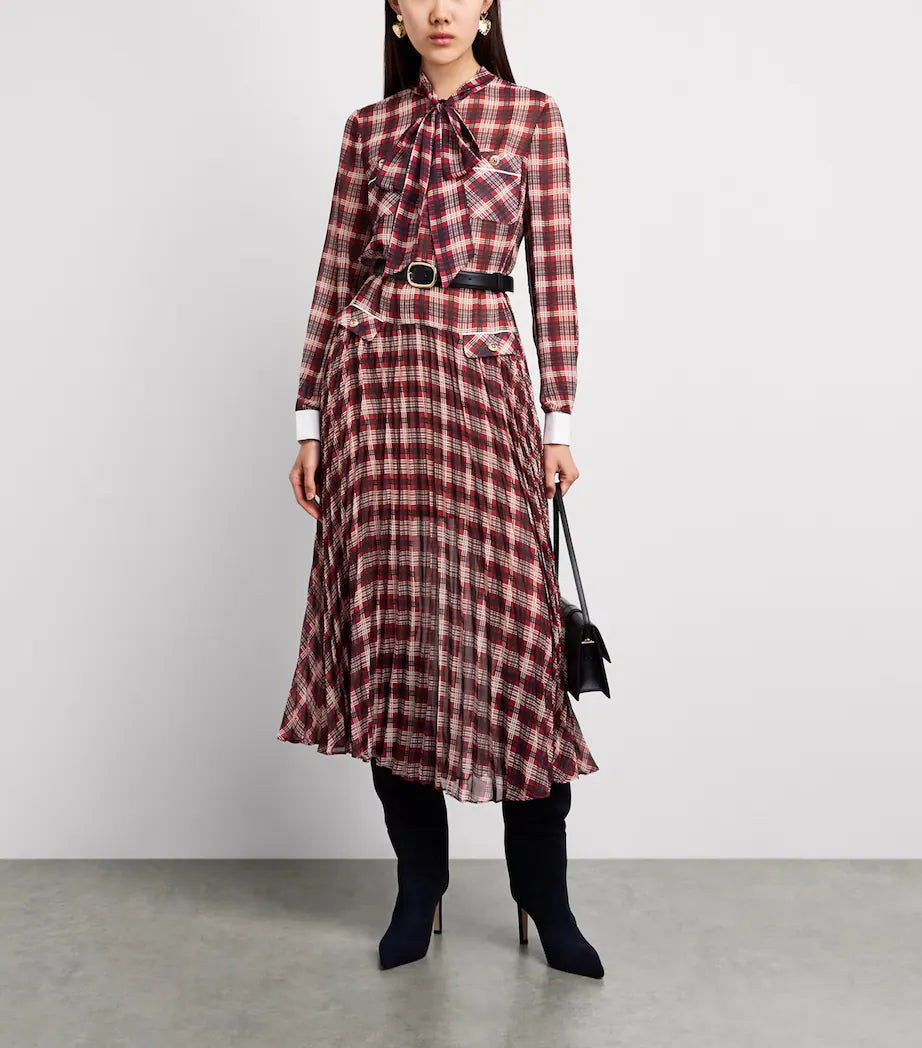SPO-AW26-905M BURGUNDY CHECK CHIFFON DRESS