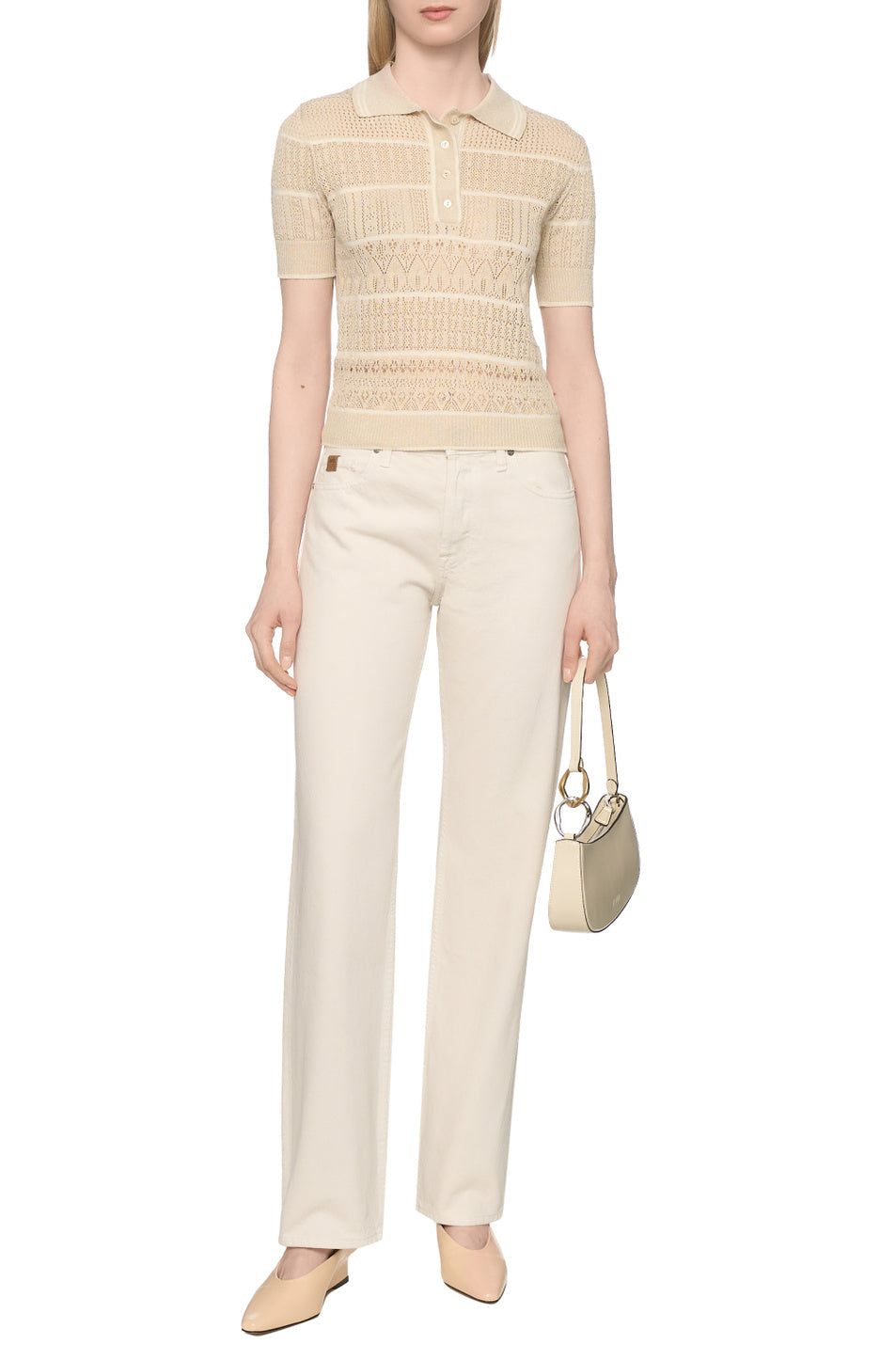 ERF-D48EM031E83 BEIGE CROCHET POLO TOP