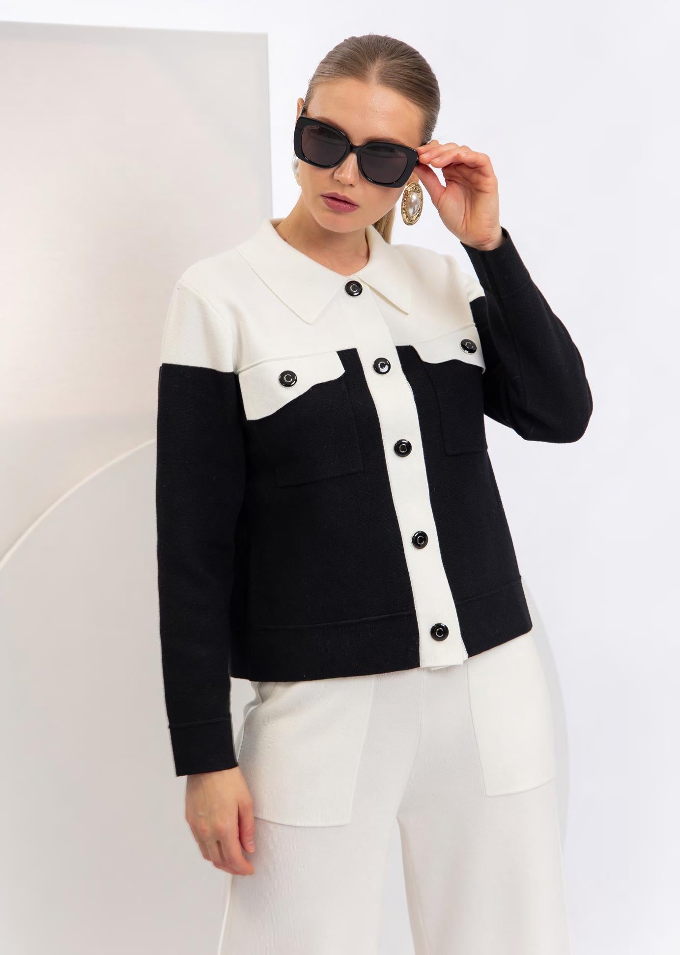 CST-F2597 BLACK&WHITE CONTRAST CARDIGAN